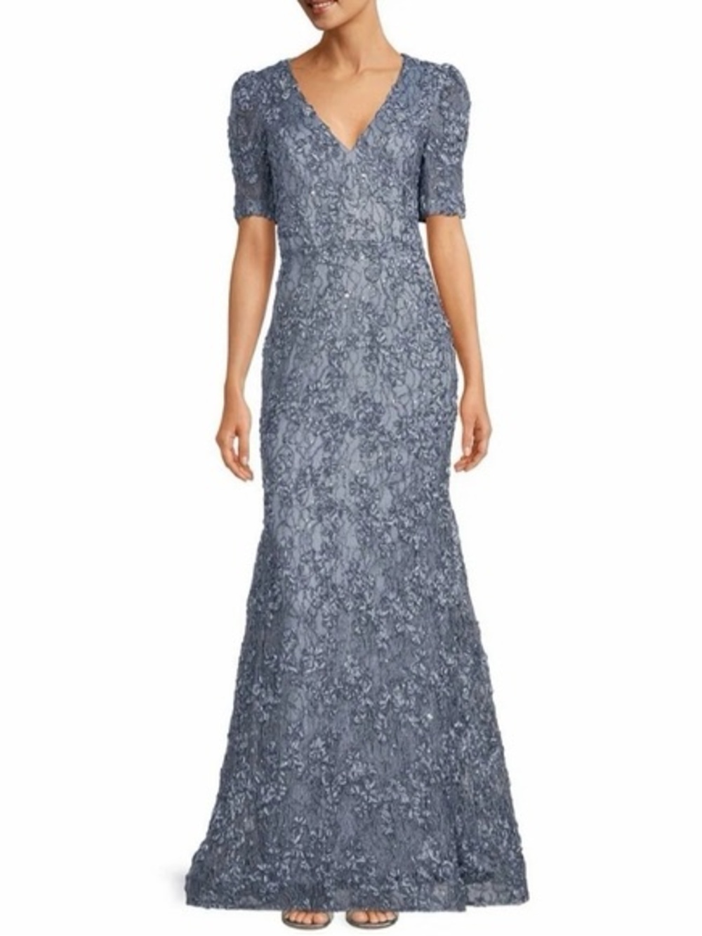 NWT XSCAPE Blue Textured Lace V-Neck Short Sleeve Mermaid Gown Size 4 Dress